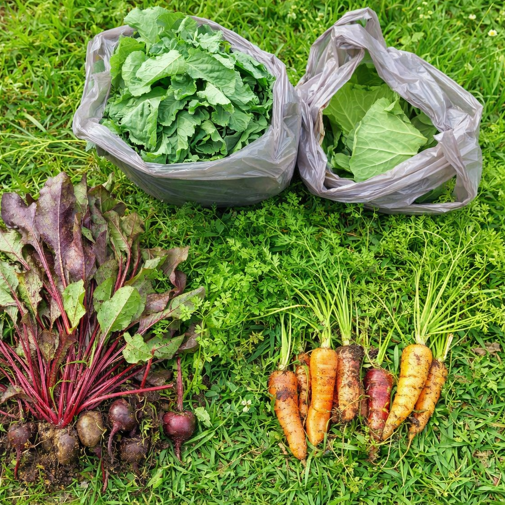 Beet, greens and carrot harvest